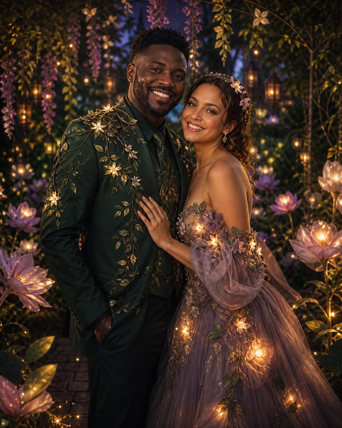Two event guests transformed into an enchanted garden portrait