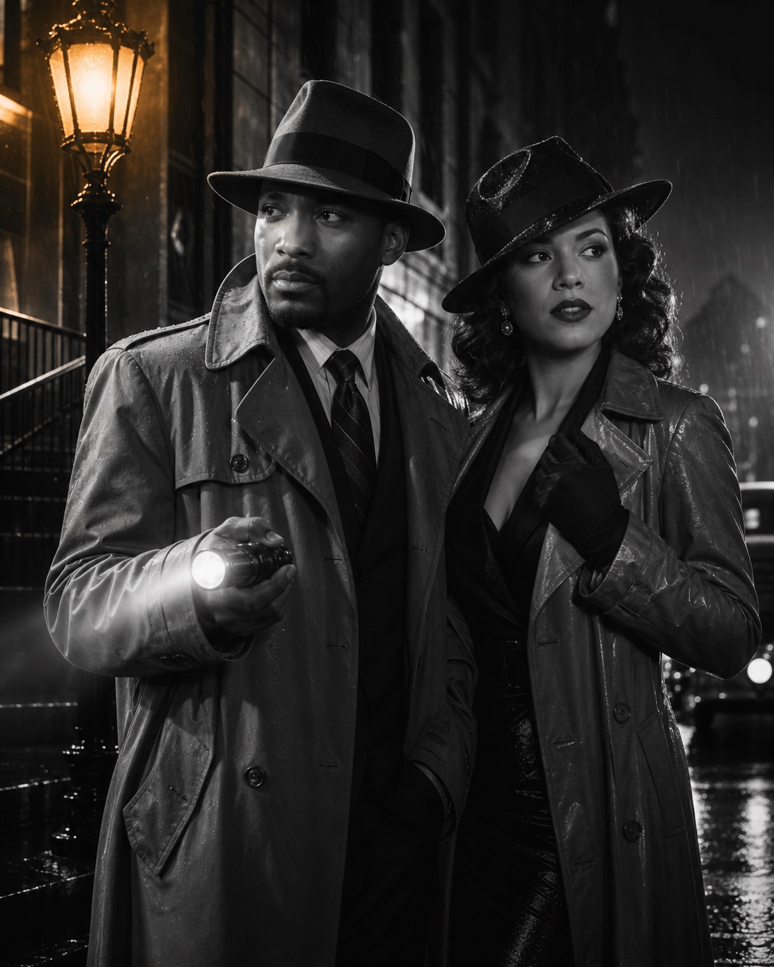 Film Noir AI photo booth transformation example